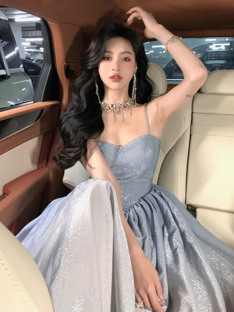 

dresses for women 2023 gradient sleeveless suspender dress female blue waist A-line glitter dress luxury woman party Long summer