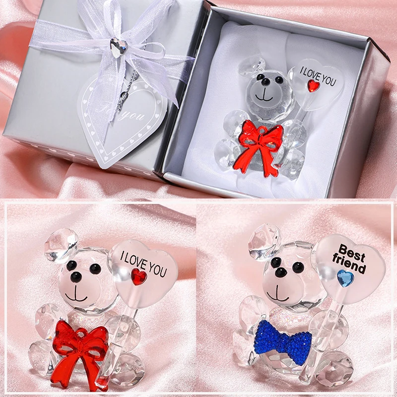 

День Святого Валентина, красный любовный Хрустальный медведь в подарочной коробке, искусственный стеклянный медведь, украшение для свадебной вечеринки, милый подарок