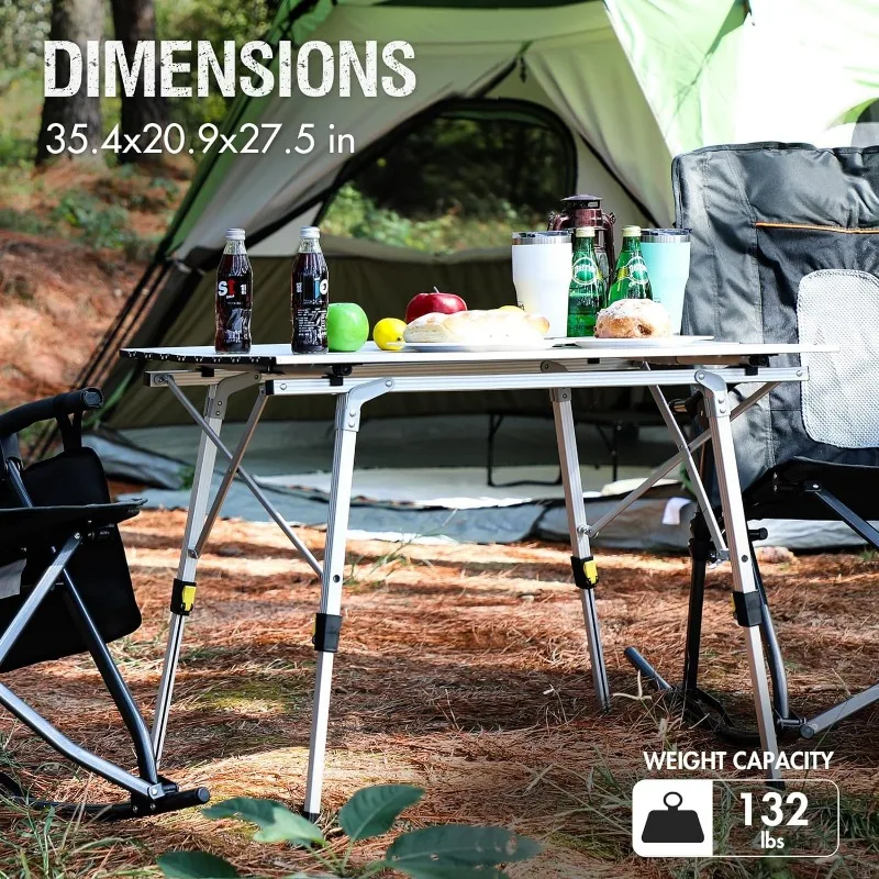 Outdoor Folding Portable Picnic Camping Table with Adjustable Height Aluminum Roll Up Table Top Mesh Layer, Silver