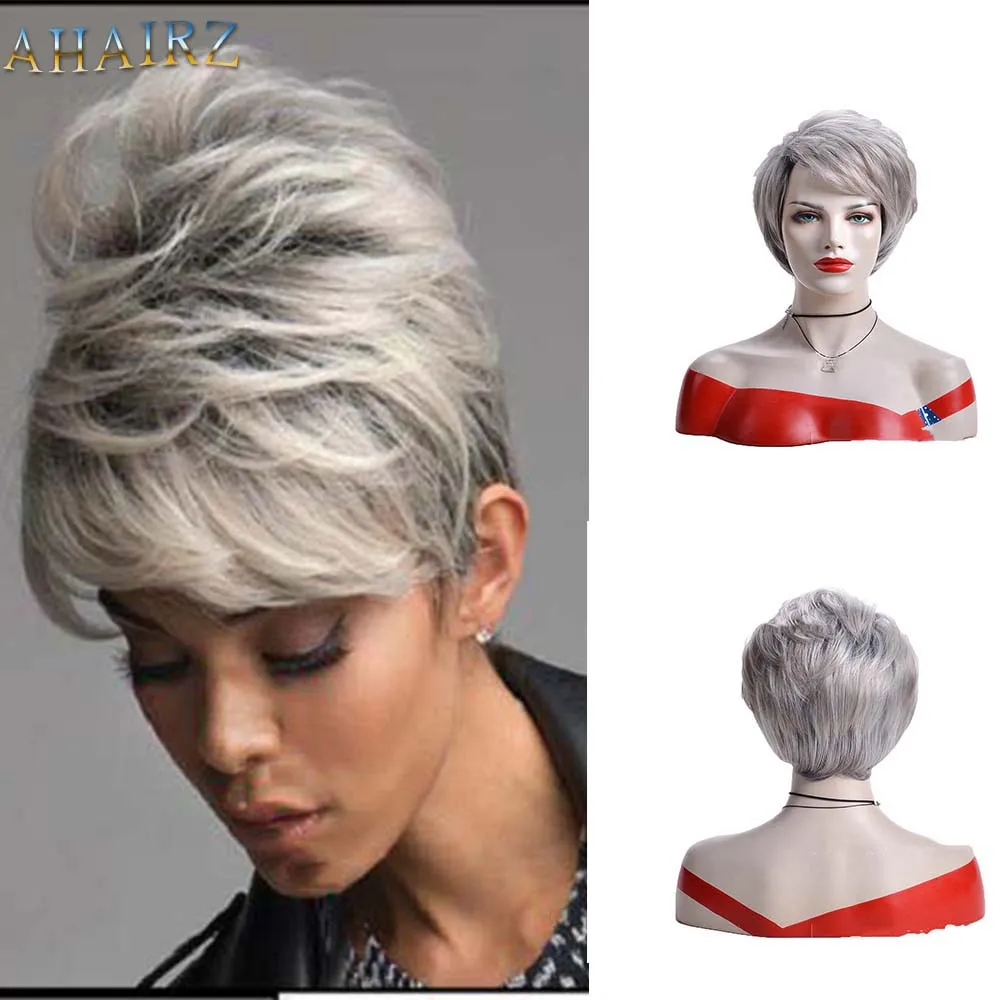 Women's Fashion Short Synthetic Wigs with Bangs Pixie Cut Fluffy Sliver Grey Ombre Hair Party Wigs Natural Wig 4pcs lot nordost valhalla audiophile speaker jumper link sliver plated for speakers bridge wire cable short wiring wbt y spade
