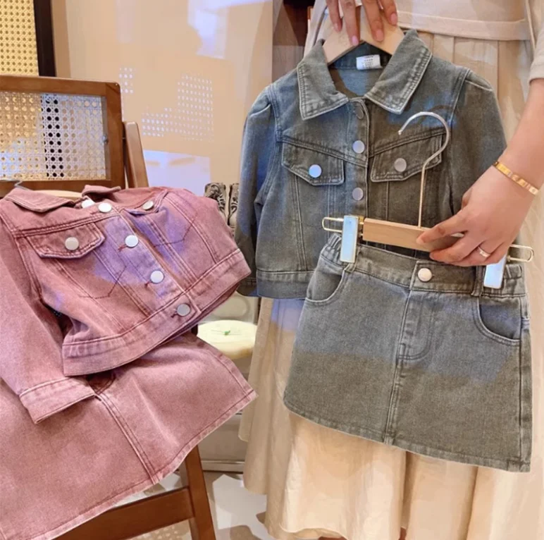 

Retail 2023 New Baby Girls Fall Fashion Jean Sets Coat + Skirts Princess Elegant Denim Suits 2-8T