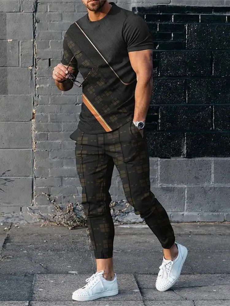 2023 Men\'s Summer Tracksuit 2 Piece Sets Short Sleeve T-Shirt+ Sweatpants Trousers Set Fashion Men Oversized Streetwear Clothing