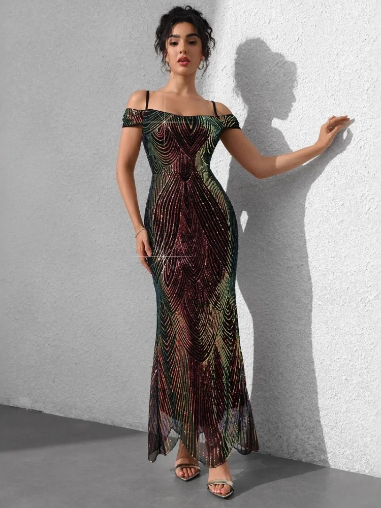 Wmstar Dress Women Wholesale The New 2025 One Shoulder Off The Shoulder Sexy Sequined with Halter Straps Long Fishtail Skirt