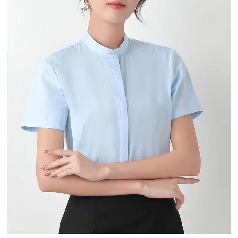 2023 New Fashion Trend Commuting Simple Standing Neck Solid Color Anti Walking Dark Button Top Casual Short Sleeve Women's Shirt