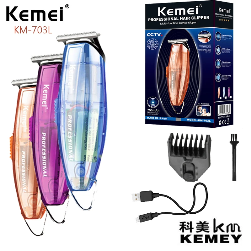 Kemei Km-703L Fast Charge Long Battery Life Transparent Body With Tail Hook Mini Cordless Professional Charging Hair Clipper 1200mah mini wireless tattoo battery power supply professional 5‑10v tattoo pen battery type c charging interface tattoo tools