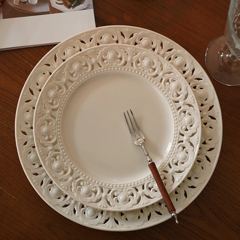 

Тарелки в европейском стиле Резьба цветы керамика Западная кухня вырезанные рельефные Ретро стейк дисковый стол Soild жемчужная точка