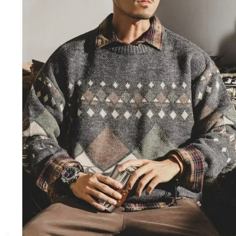 American Vintage Men Thicken Plaid Sweater Autumn Winter New Round Neck Loose Long Sleeve Fashion Casual Knitted Pullovers Top