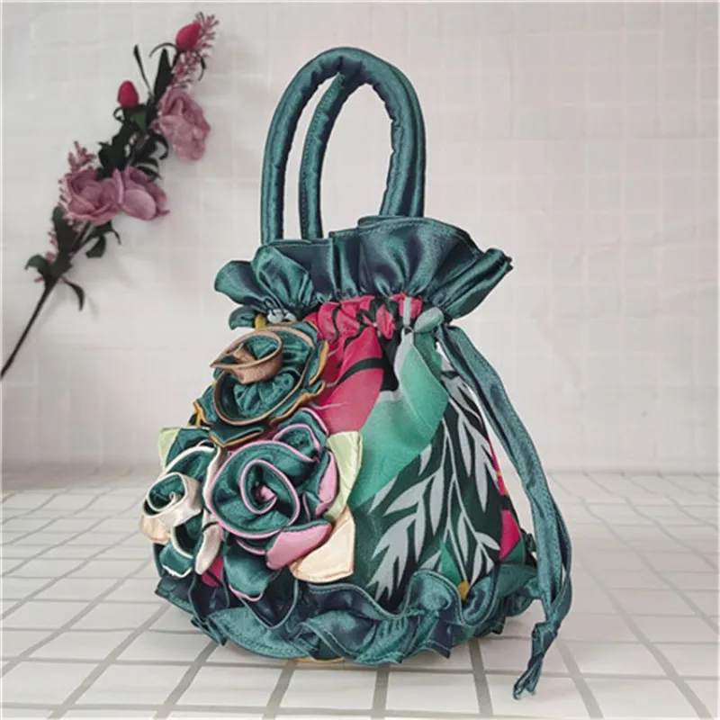 2022 Lace Flower Ethnic Style Drawstring Women\'s Handbag Hanfu Embroidered Cartoon Bag