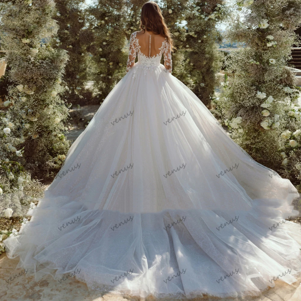 Glitter Wedding Dresses A-Line Tulle Tiered Bridal Gowns Lace Appliques Full Sleeves Robe For Bride Vestidos De Novia Customized 2