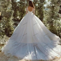 Glitter Wedding Dresses A-Line Tulle Tiered Bridal Gowns Lace Appliques Full Sleeves Robe For Bride Vestidos De Novia Customized 2