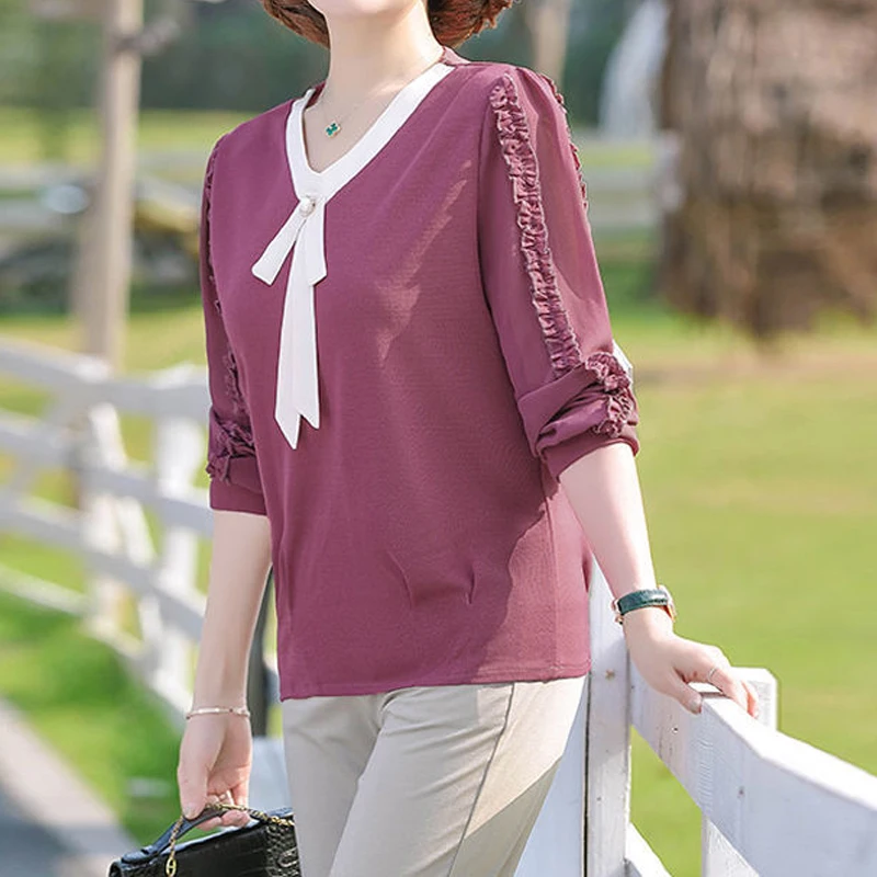 Ruffles Long Sleeve V Neck Bow Mother Elegant Fashion Bottoming Shirt Women Solid Loose Simple Commute Korean Office Lady Blouse