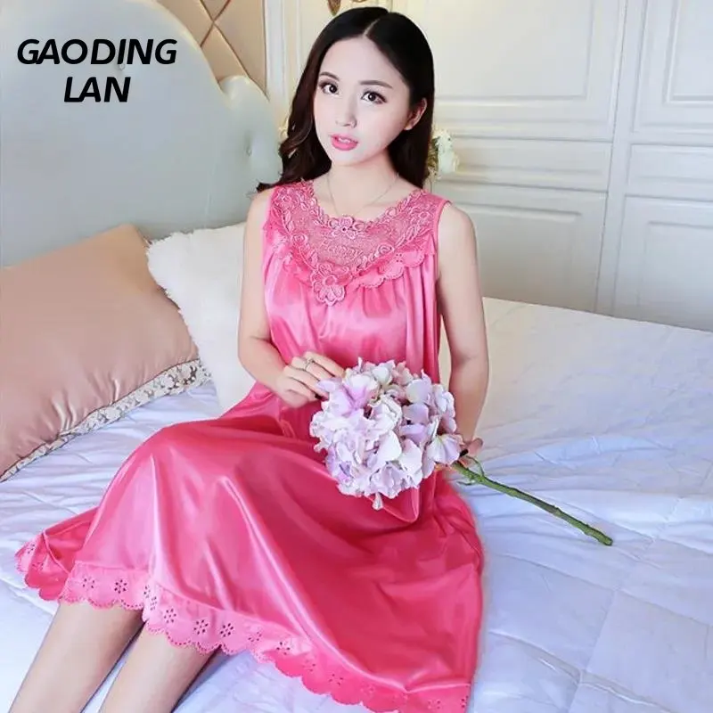 

Gaodinglan Women Sleeveless Ice Silk Nightdress Summer Thin Embroidery Nightgown Female Lace O Neck Solid Color Home Sleepwear