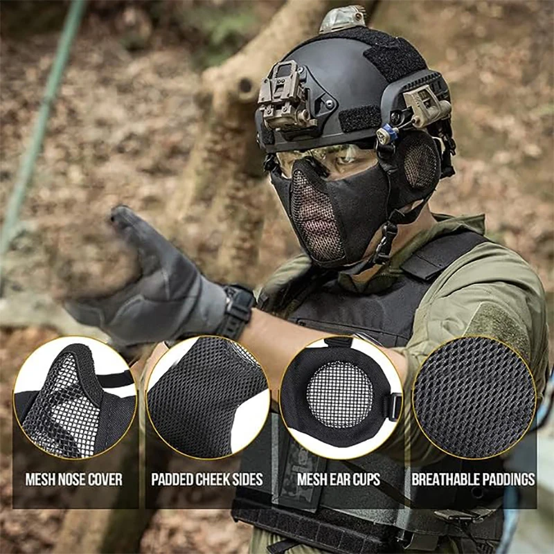 ONETIGRIS Tactical Airsoft Paintball Foldable Mask Metal Steel Mesh Adjustable CS Field Wargame Shooting Protective Elastic Mask