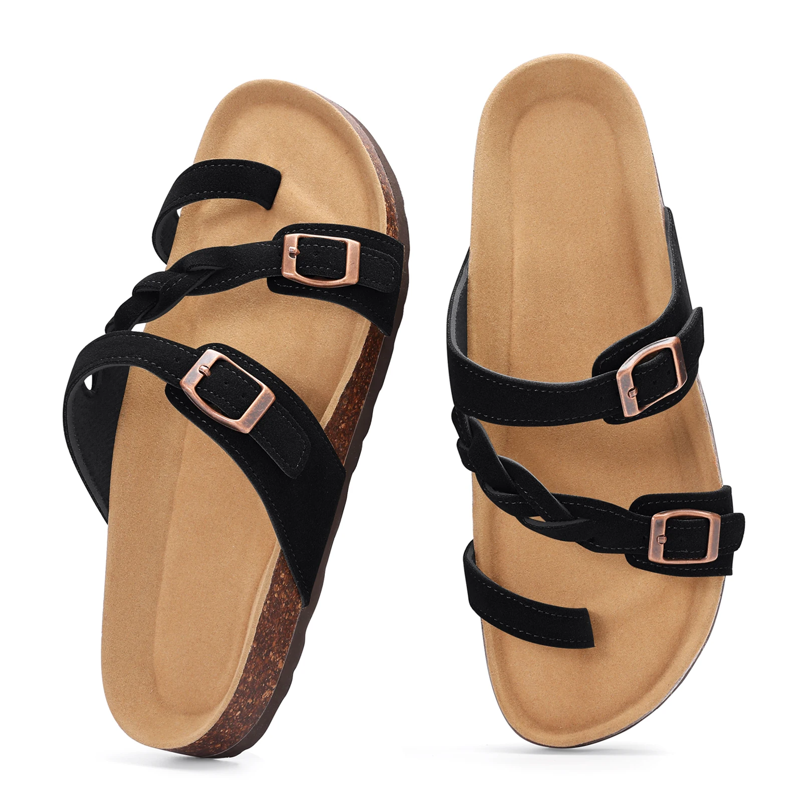 Shevalues Lässige Damen-Slipper, modische Outdoor-Sandalen, flache Kork-Slides, rutschfeste Damen-Sandalen mit verstellbarer Schnalle – Detail 4