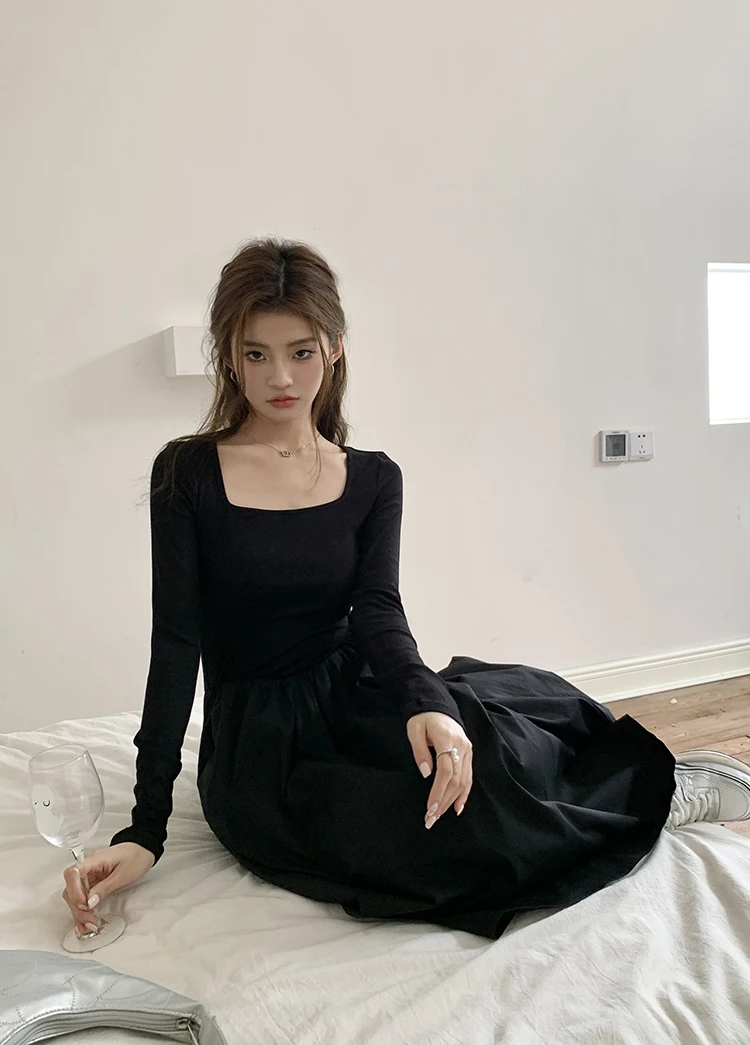 Casual Knitted Midi Dresses for Women Solid Long Sleeves Square Collar A-line Autumn New Elegant Dress Female Slim Vestidos