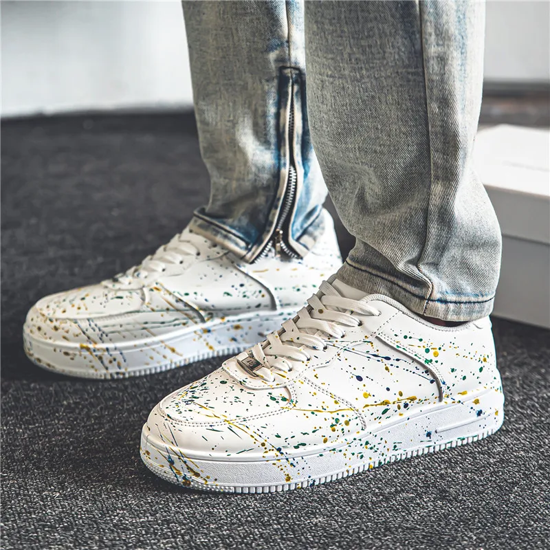 Casual Sneaker Leather Shoes Skateboard Round Toe Fashion Men\'s Casual Shoes Soft and Comfortable Non-slip Shoes Splash-ink