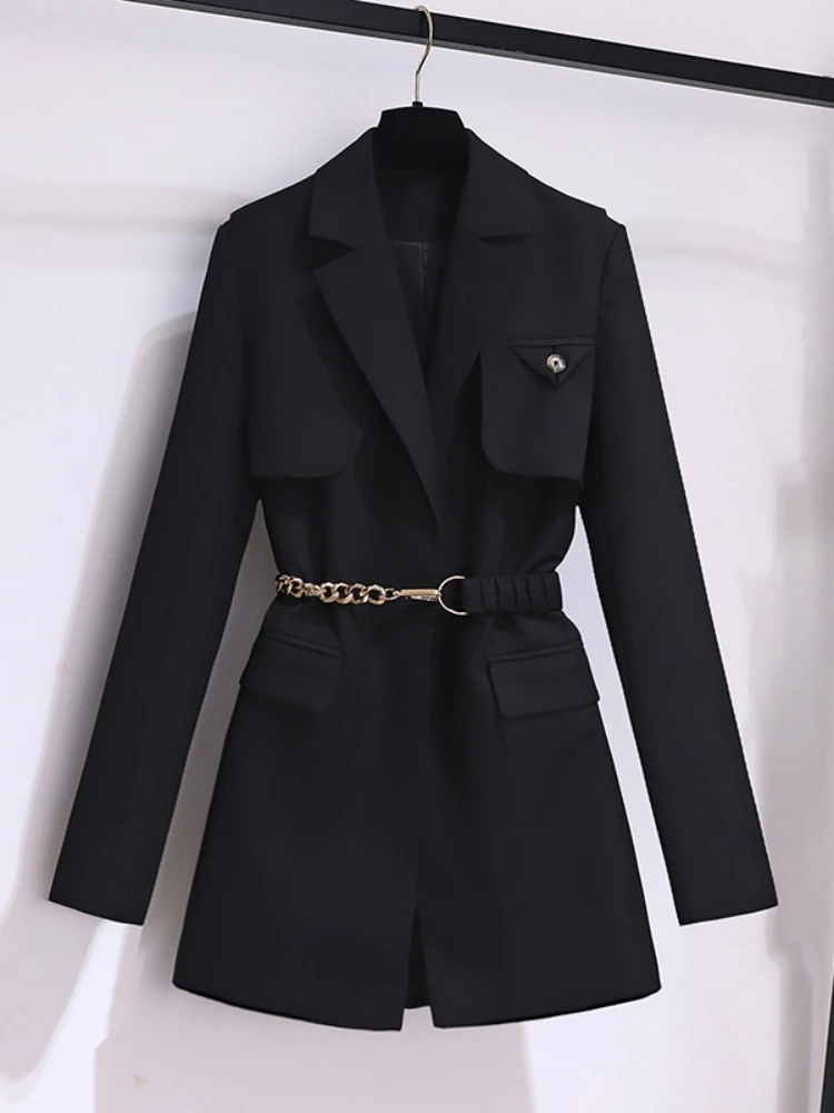 Women Chic Chain Belt Blazer Office Lady Classic Coat Suit