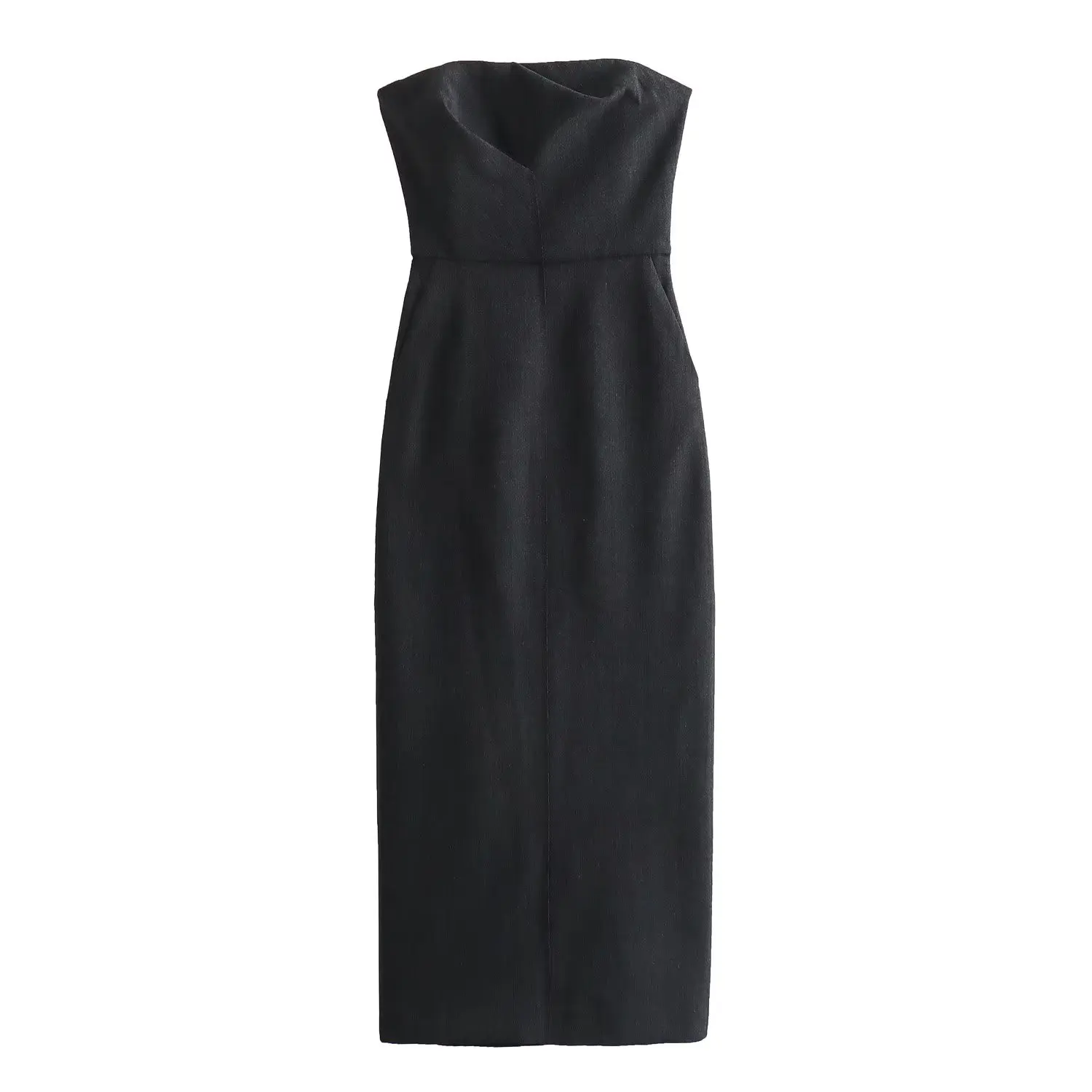 

Women New Chic Fashion Pleated decoration Tight Bra Midi Dress Vintage Sleeveless backless Side Zipper Female Dresses robe Mujer