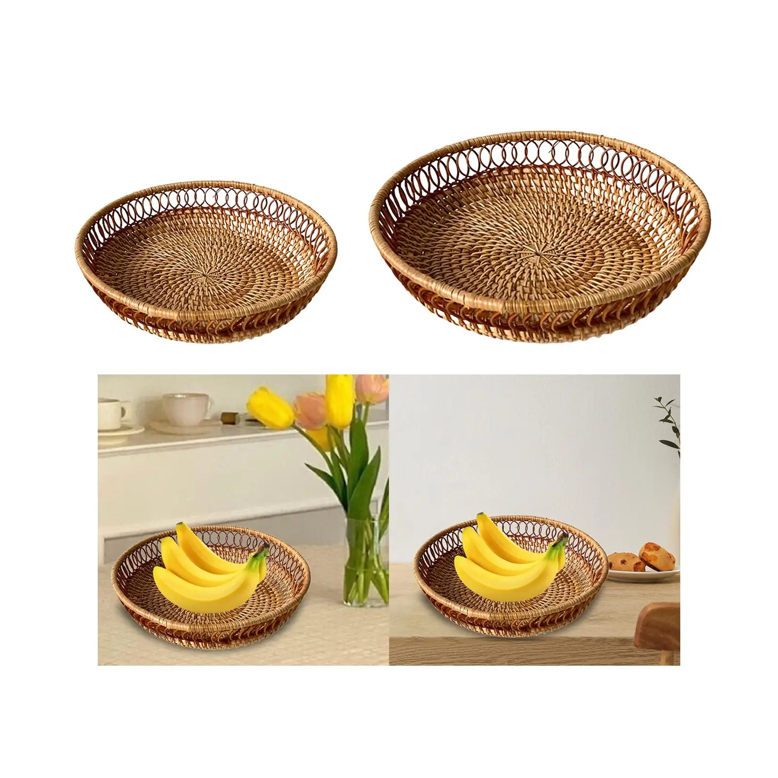 Fries Serving Basket Rattan Basket Home Decoration Wicker Round Tray Egg Basket Serving Tray for Food Fruits Snacks Breakfast