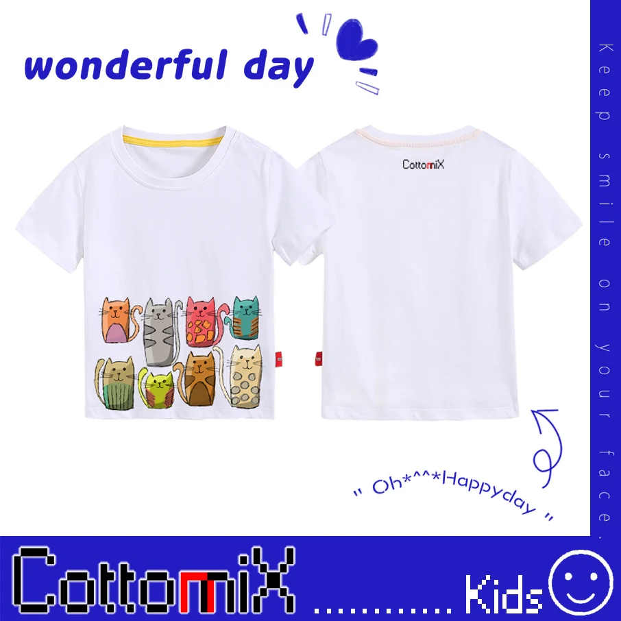 

Cottomix Pure Cotton Children Clothes T Shirt for Kids Boys Girls Tee Cute Kitten Cat Summer Short Sleeve Direct Print
