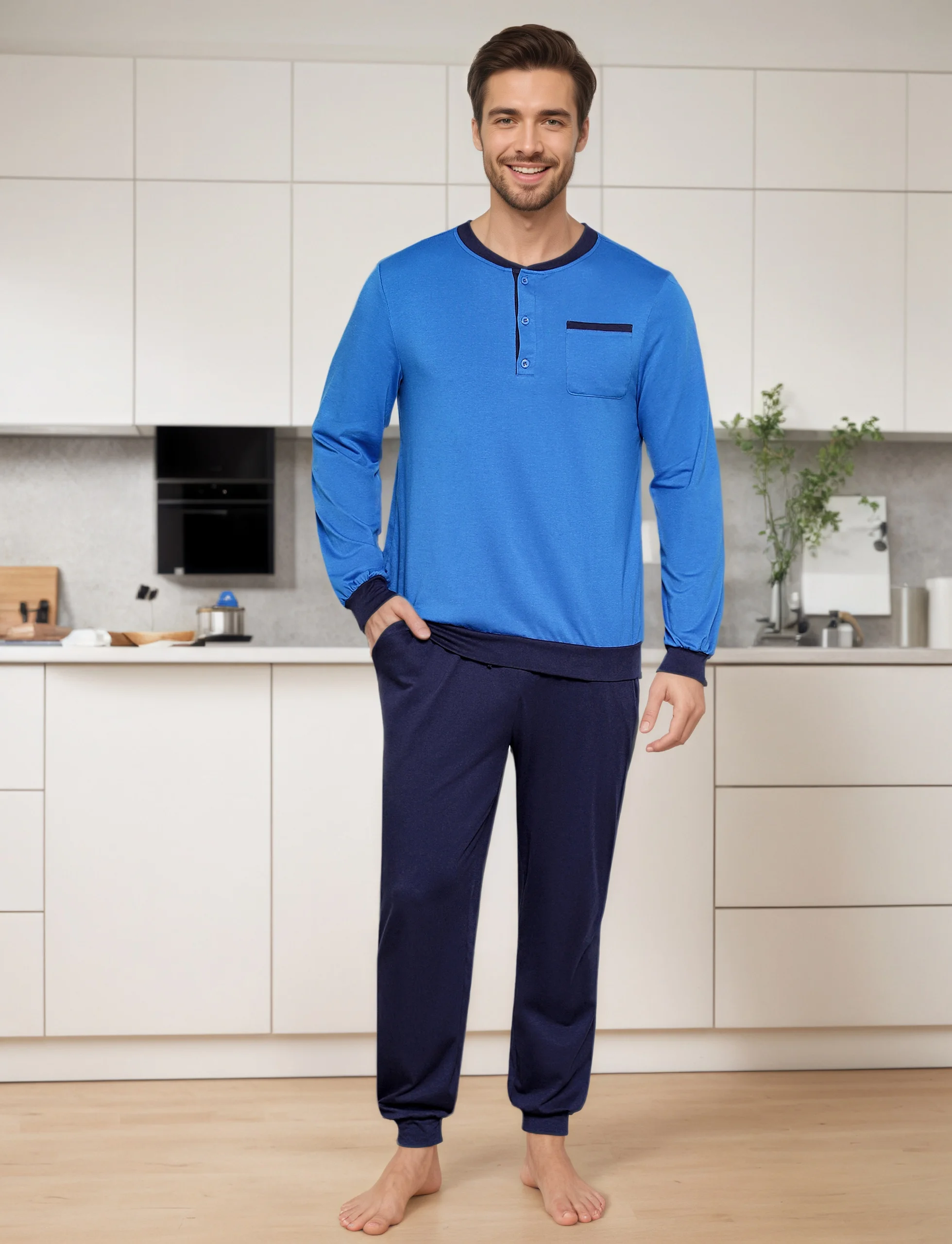 Langarm-Pyjama-Set für Herren aus reiner Baumwolle, Loungewear aus reiner Baumwolle, bequem, atmungsaktiv, weicher Stoff, geeignet für Frühling, Herbst und Winter, absorbiert Schweiß nicht stickig – Detail 2