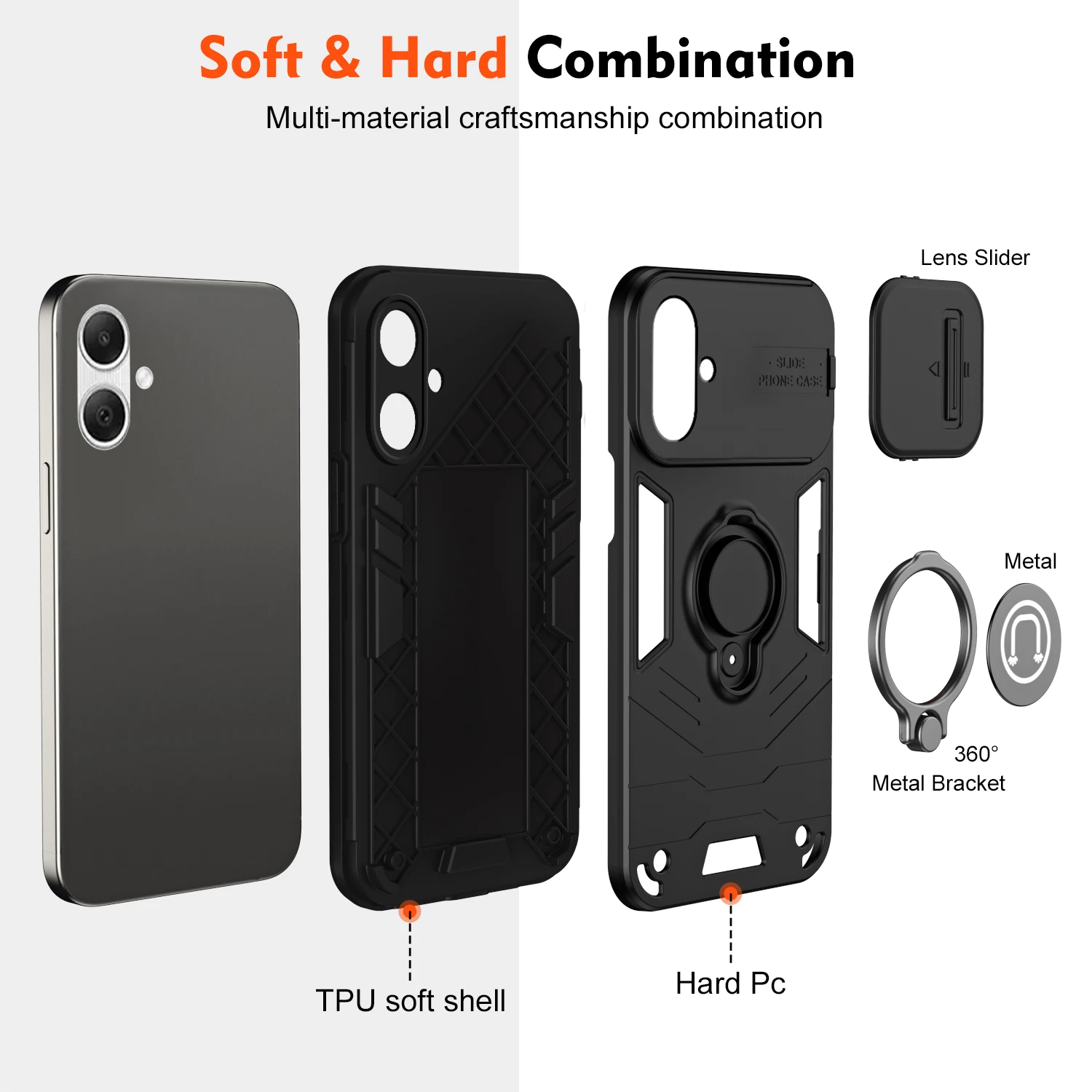 Rugged Armor Shockproof Phone Case with Sliding Window and Metal Ring Holder
