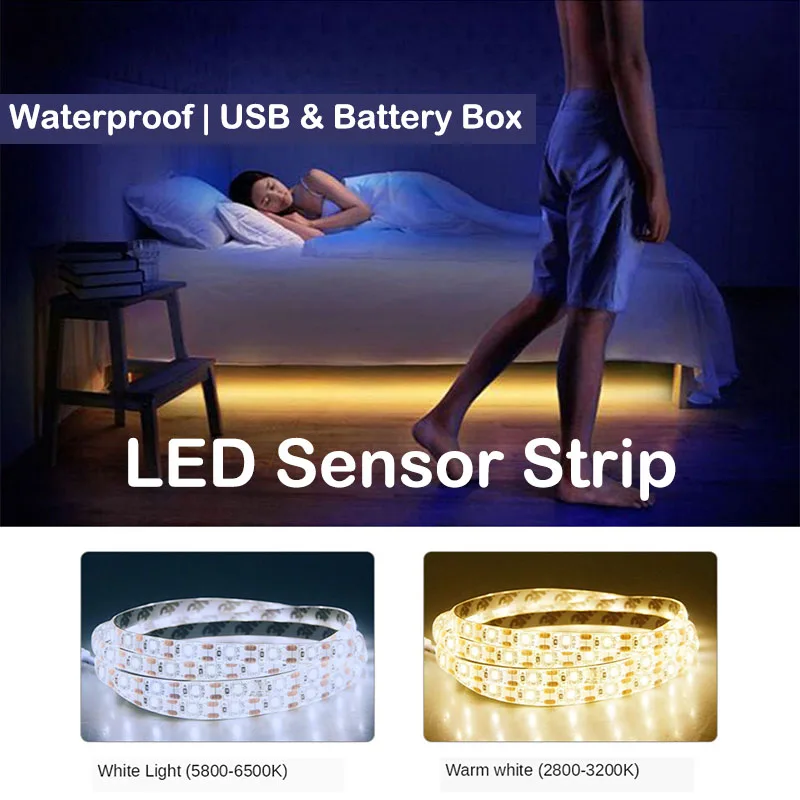 Infrared Sensor LED Strip Light White with Battery Box USB Warm White Light Strip Under Cabinet Light for Kitchen Bedroom Closet