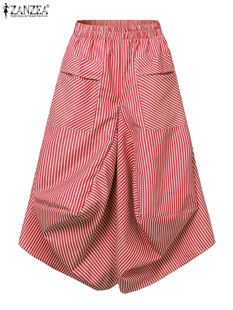 Polyester Striped Casual Pants with Elastic Waist and Big Pockets