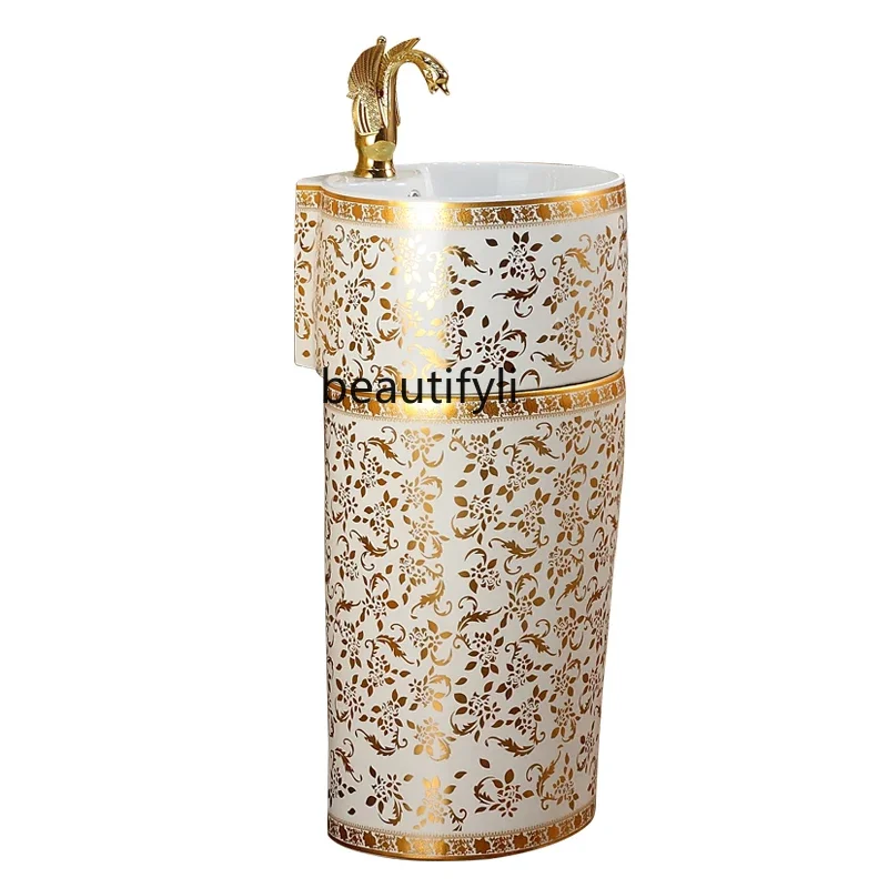 

Golden Bathroom Wash Basin Color Gold High-End round Pedestal Basin Modern One-Piece Pedestal Basin