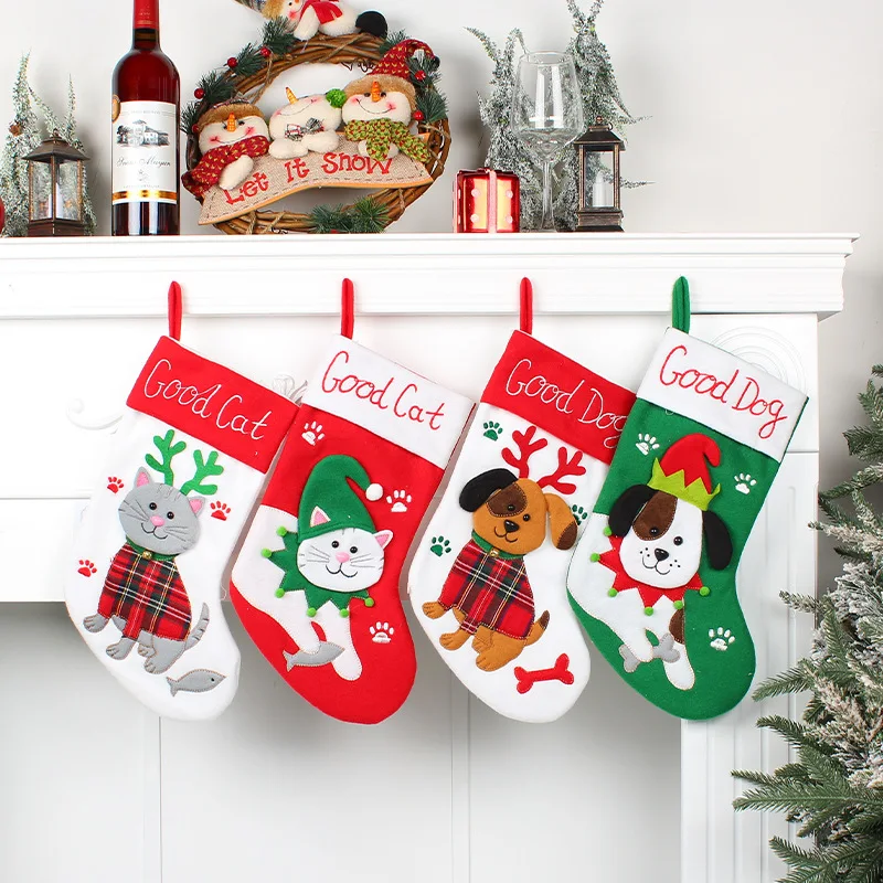 Cute Dogs and Cats Cartoon Christmas Stockings Pendant Christmas Tree Gift Bag Decorative Socks christmas decorations