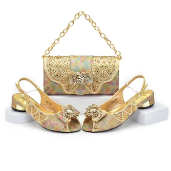 New Arrival Gold Color Rhinestone Decoration Style Peep Toe Low Heels Lady Shoes and Bag Set for Party Wedding Crystal Pumps 1