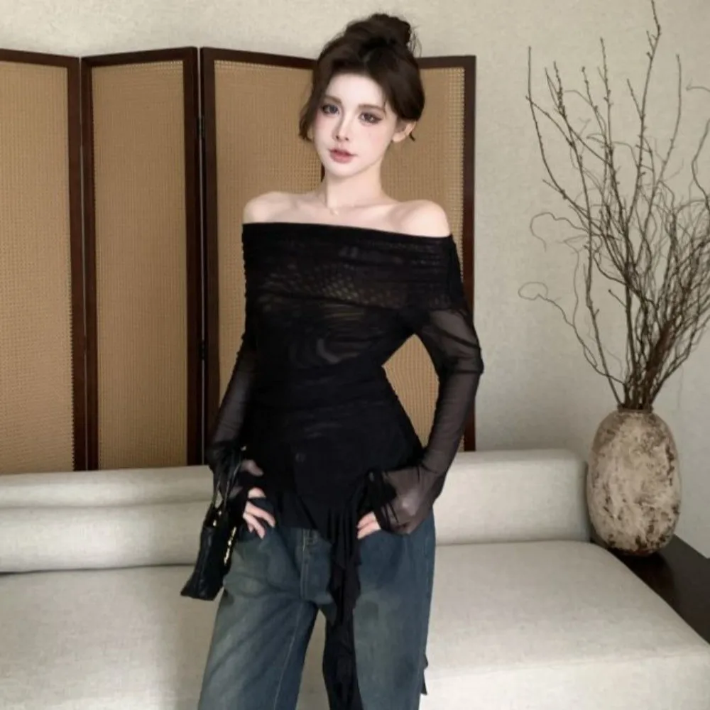 Streetwear Jellyfish Mesh Belt T-Shirt Elf Long Sleeve Off Shoulder Collar Slim Fit Crop Tops Korean Y2K Ins Transparent