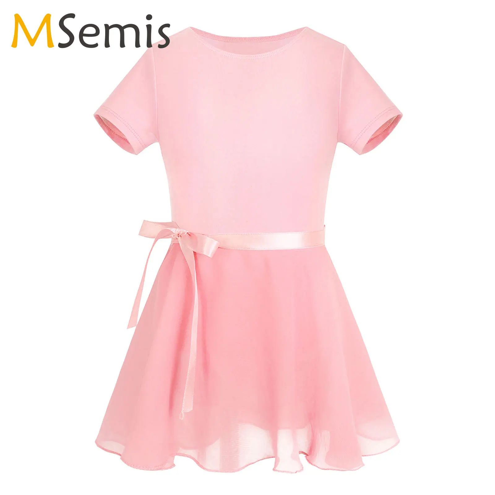 

Girls Ballet Leotard Dancewear Cotton Short Sleeves Ballet Dance Class Gymnastics W/Chiffon Tied Skirt Set Ballerina Tutu Dress