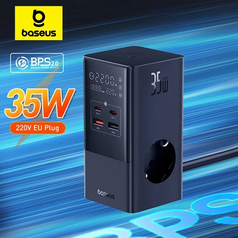  Baseus 35W Fast Charger 7 in 1 Power Strip Desktop Charging Station With 1200J Surge Protector Digital Display For iPhone Xiaomi 