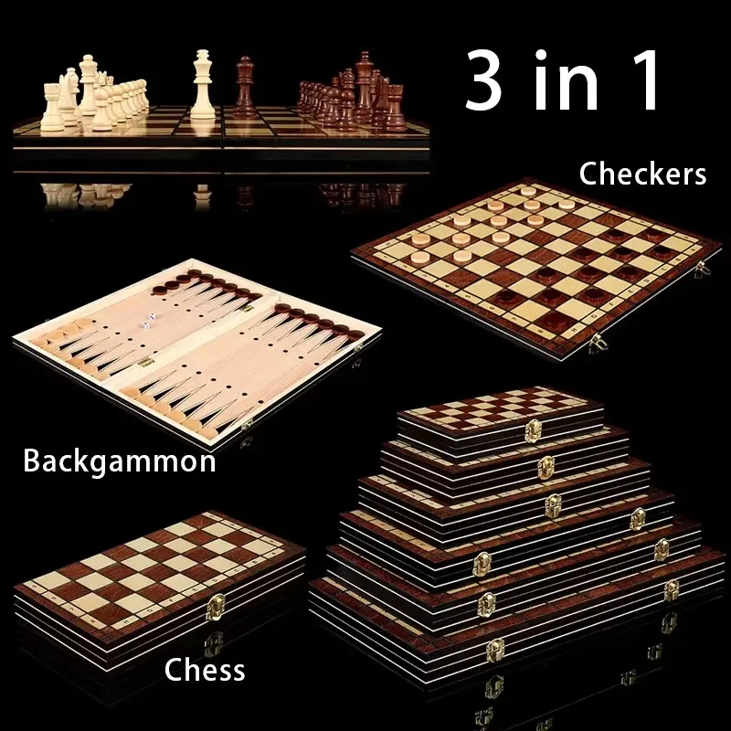 Retro 3 in 1 Chess Checkers Backgammon Wooden Chess Set Wooden No Magnetic Piece Foldable Chessboard Board Game Gift
