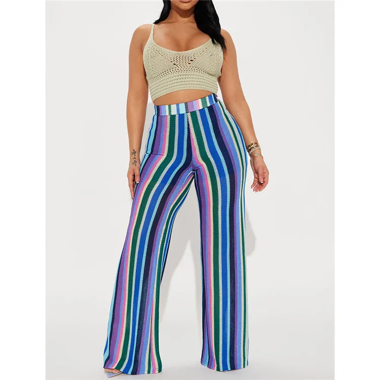 

Trending Products 2023 New Arrivals Color Stripes Knitted Hollow Jacquard Fashion Zipper Wide-Leg Pants