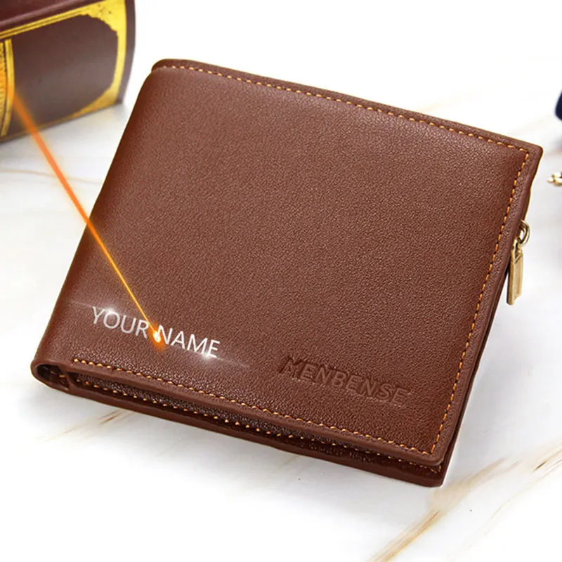 New Short Men Wallets Small Casual Coin Pocket Name Engraved Male Zipper  Wallet Quality Card Holder Photo Holder Retro Men Purse