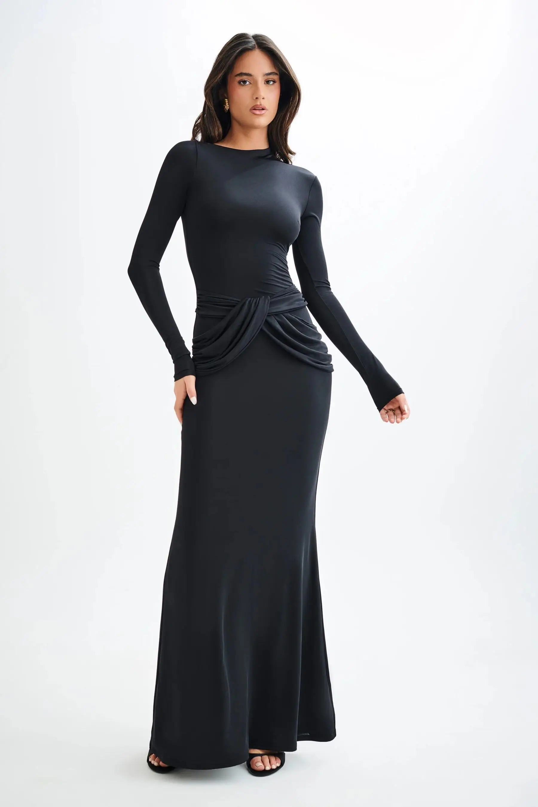 Elegant Long Sleeved Elastic Tight Long Dress Women Bodycon Pleated Evening Dress Slimming Party Club Vestido Fall