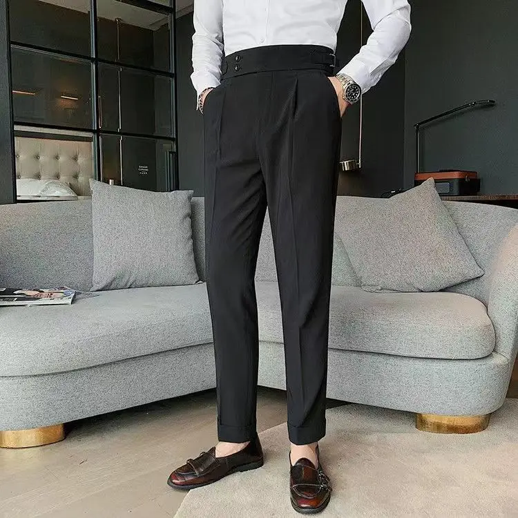 2023 Spring and Autumn Men's Solid Color Slim Fit Button Zipper Paris Button Casual Fashion Elegant Commuter Suit Pants
