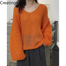 

Creatingime 2022 Spring New Korean Fashion Pullover Women's Wool V-Neck Long Sleeve Loose Casual thin Knitted sweaters GA138