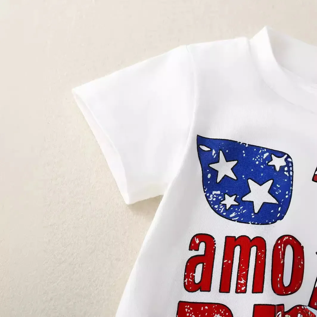 New Cotton Stretch Independence Day American Dude Printed Short Sleeve Baby Boy Romper Footed Crawling Suit for Infants And Todd