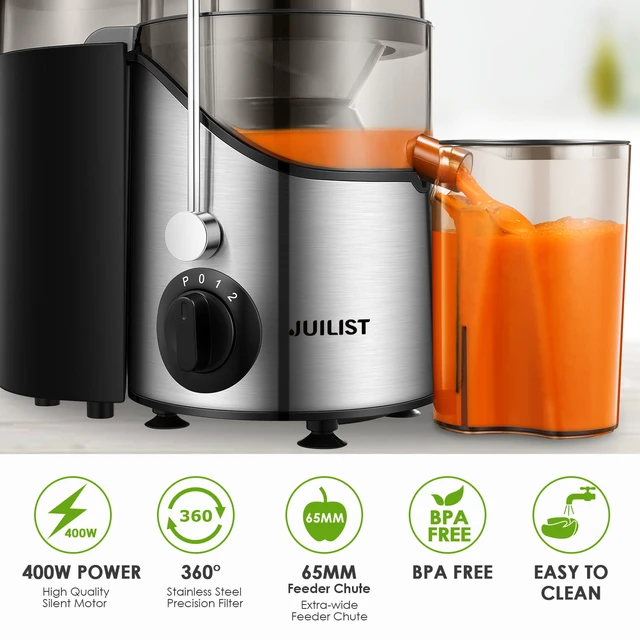 Juicer, 400W Centrifugal Juicer Machine with 3 Feed Chute for Whole Fruits  and Vegetables, Juice Extractor Easy to Clean, 3 Speeds Control, Anti-Drip,  Stainless Steel/BPA Free, Silver 