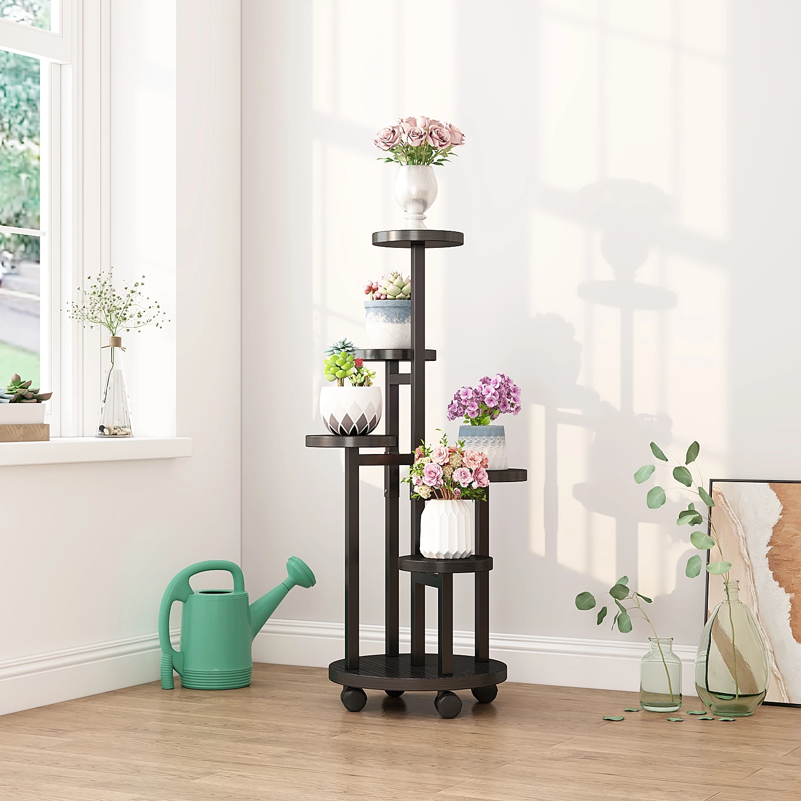 5-layer Wooden Plant Stand with Pulleys Multi-flower  Bonsai Display Stand Courtyard Garden Terrace Balcony Flower Stand