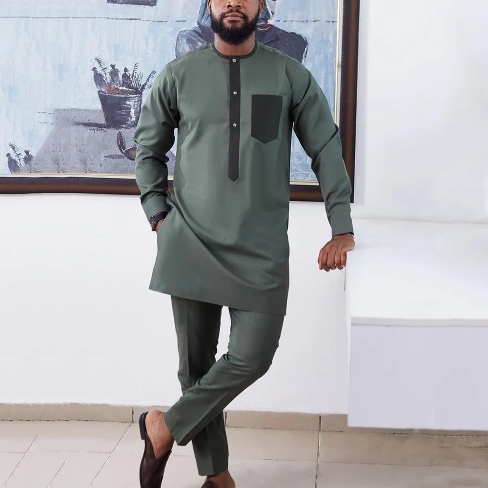 Kaftan Outfit Set Kaftan Elegant African Men's Set Long Sleeve Ethnic Top And Pants Full Luxury 2 Pieces Outfits Dashiki Solid Color Wedding Dress