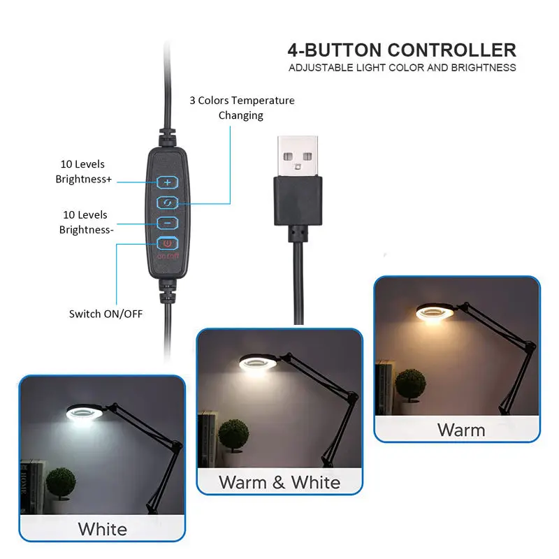 3 Colors Mode LED Magnifying Glass with Light 10X 20X Magnifier Lamp 5'' 5.5D Lens For Reading,Repair,Close work magnifying glass light