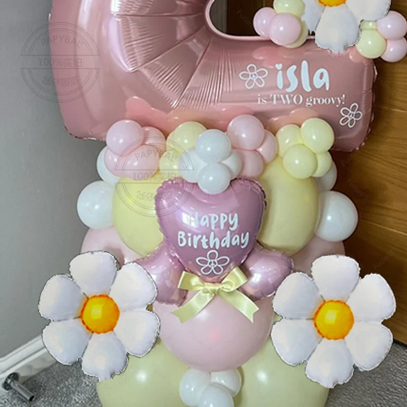 핑크 숫자 화이트 데이지 테마 풍선 기둥 세트, 1-9 세 어린이 생일 파티 웨딩 베이비 쇼에 적합, 32 인치