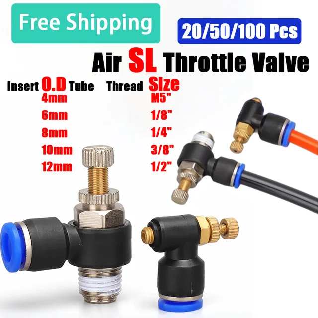 SL วาล์วปีกผีเสื้อข้อต่อลม4mm 6mm 8mm 10mm 12mm วาล์วควบคุมความเร็วแบบกดเพื่อท่อยางลม 1