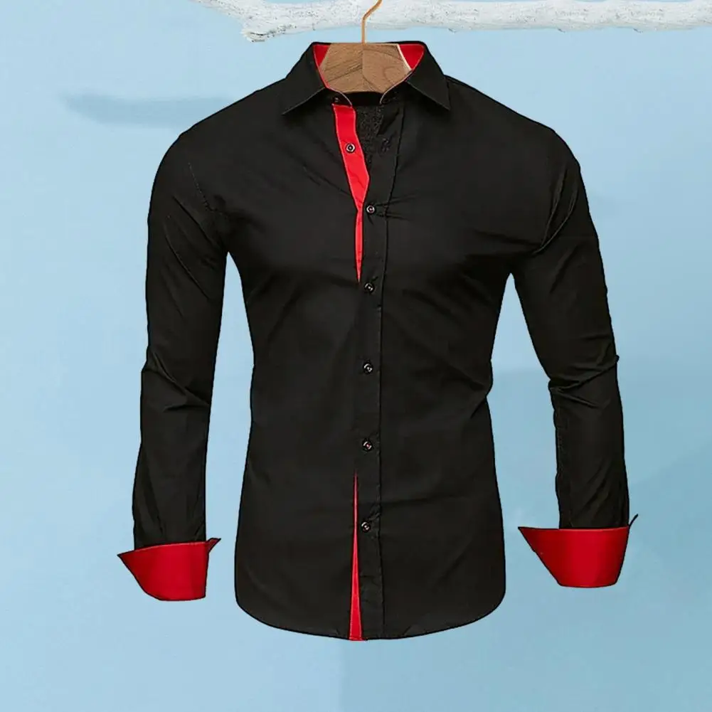 

Business Dress Men Shirt Contrast Color Single-breasted Turn-down Collar Blouse Male Button Shirt Work Formal Long Sleeve Shirt
