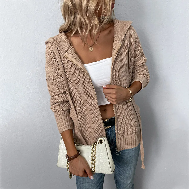

2023 Autumn Winter Sweater Women's New Solid Color Hooded Zipper Sweater Drawstring Pocket Sweater Women's Cardigan Coat