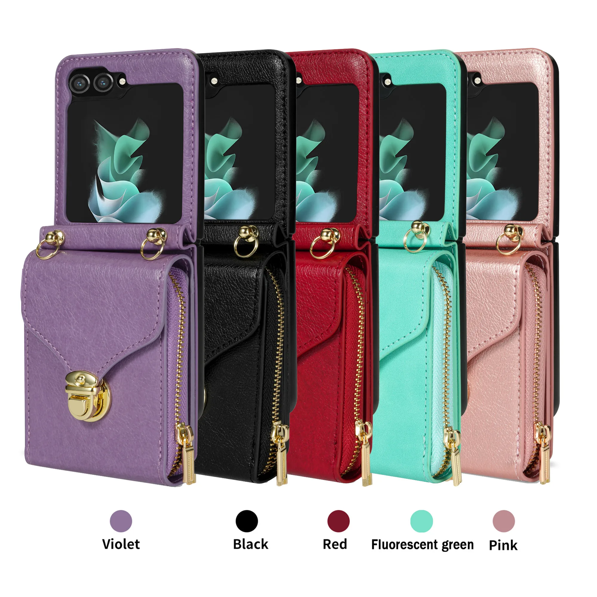 Elegant Crossbody Leather Wallet Case with Long Lanyard and Zipper Card Holder Purse Cover